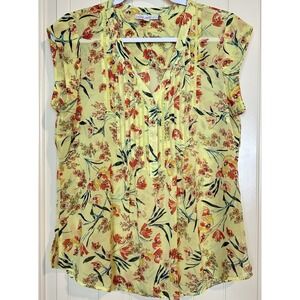 Pale Sky yellow floral sheer cap sleeve blouse top tunic sz M GUC